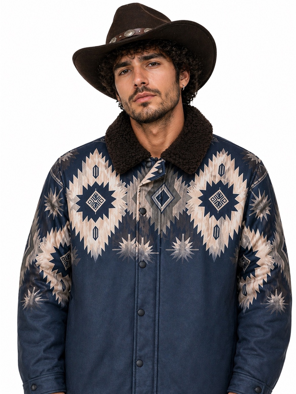 Aztec Tribal Geometric Print Shacket Jacket Sherpa Fleece Collar Coat Size XL